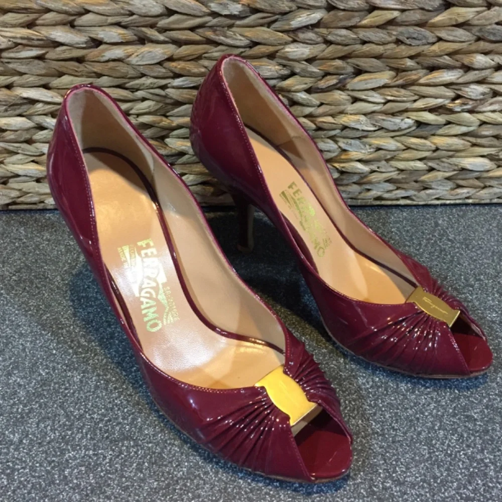 Salvatore Ferragamo Burgundy Patent Peep-Toe Heels with Gold Accent